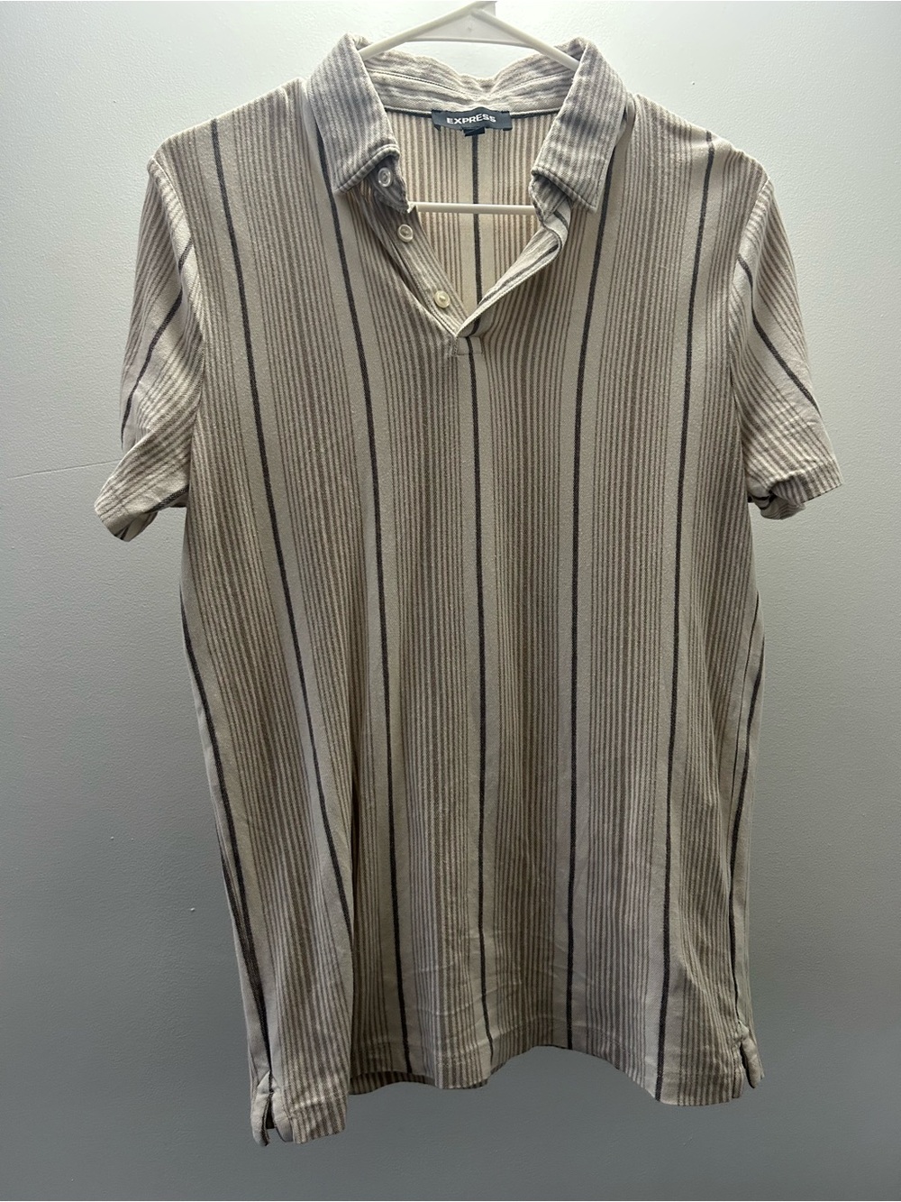Express Men’s Beige and Brown Striped Polo